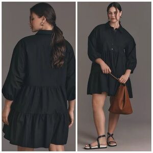 Anthropologie Maeve Bettina Tiered Mini Shirt Dress Black Long Sleeve Sz 3X Plus